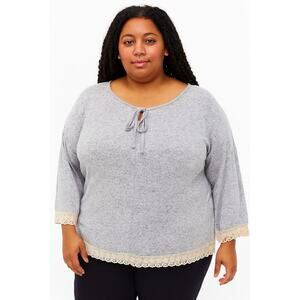 NWT Forgotten Grace Women’s 3X Long Sleeve Crochet Lace Trim Tunic Top, Grey